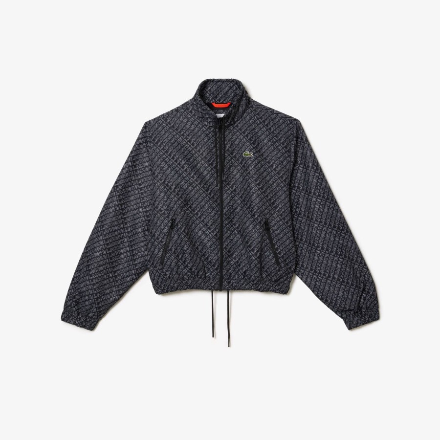 Women Lacoste Jackets & Coats | High Neck Zip Front Monogram Print Jacket Black 031