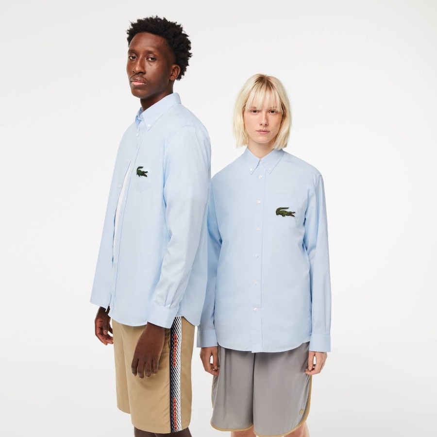 Women Lacoste Shirts & Tops | Unisex Relaxed Fit Large Crocodile Cotton Shirt Blue Gn2