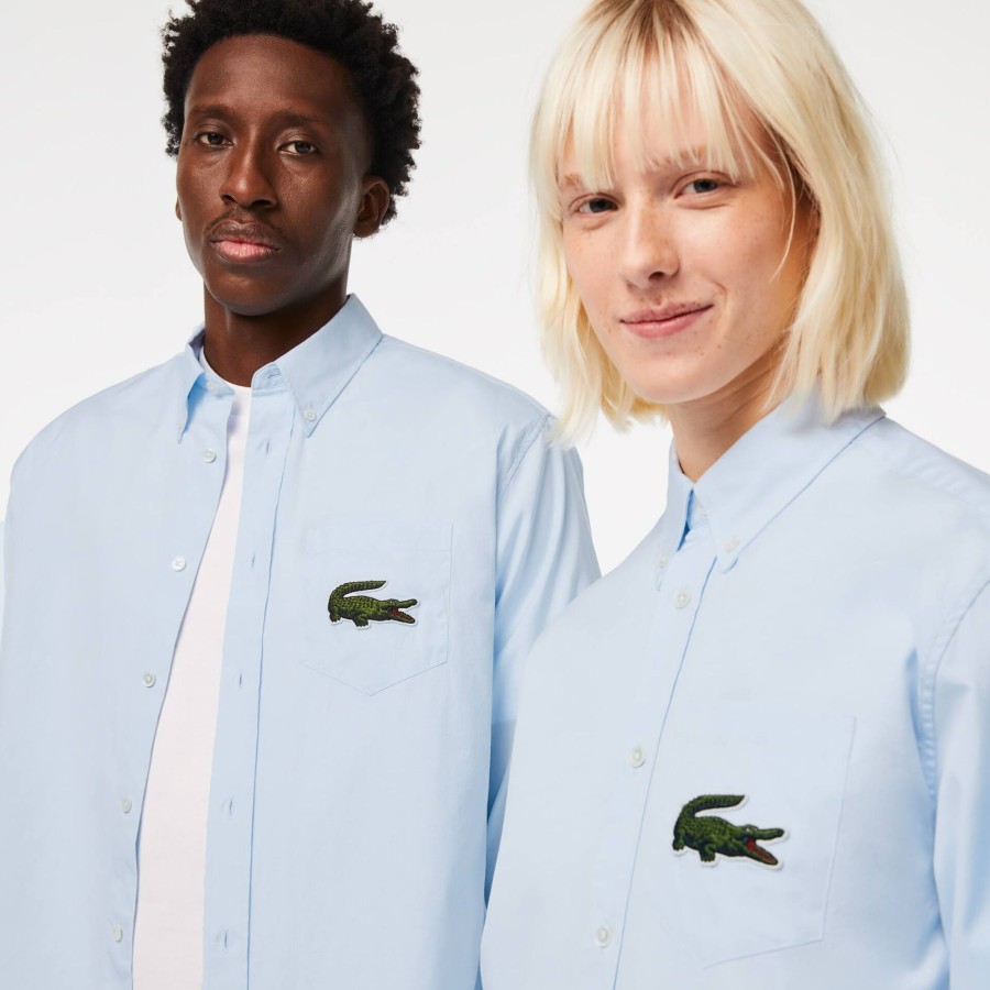 Women Lacoste Shirts & Tops | Unisex Relaxed Fit Large Crocodile Cotton Shirt Blue Gn2