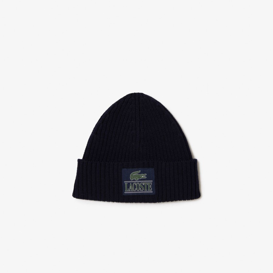 Women Lacoste Beanies | Ribbed Wool Woven Patch Beanie Navy Blue 166