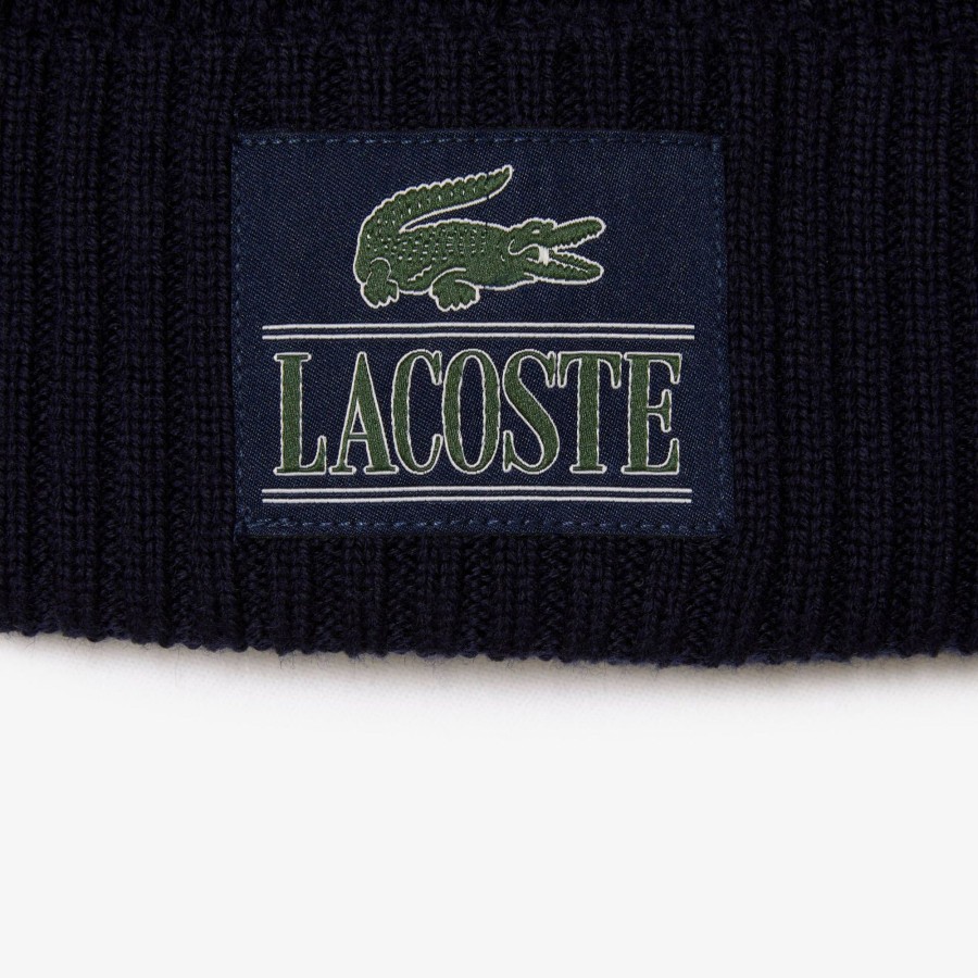 Women Lacoste Beanies | Ribbed Wool Woven Patch Beanie Navy Blue 166