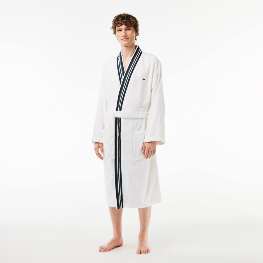 Men Lacoste Home Textile | Long Tricolor Ribbon L Club Cotton Kimono Bathrobe White