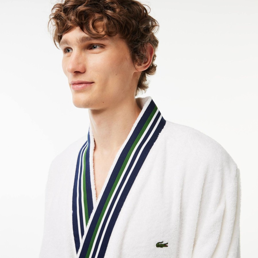 Men Lacoste Home Textile | Long Tricolor Ribbon L Club Cotton Kimono Bathrobe White