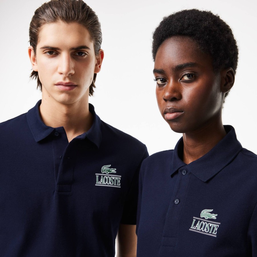 Women Lacoste Polo Shirts | Lacoste Signature Print Stretch Pique Polo Shirt Navy Blue 166