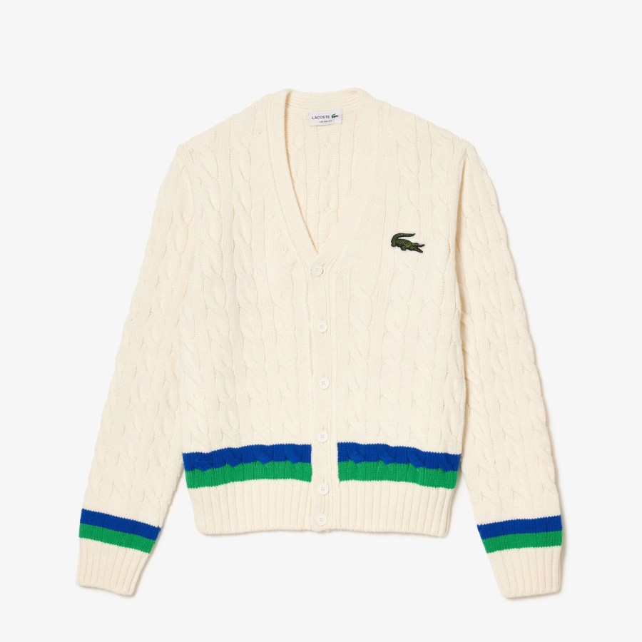 Women Lacoste Knitwear | Cable Knit Stripe Detail Cardigan White / Blue / Green P4I