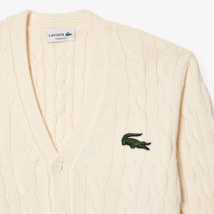 Women Lacoste Knitwear | Cable Knit Stripe Detail Cardigan White / Blue / Green P4I