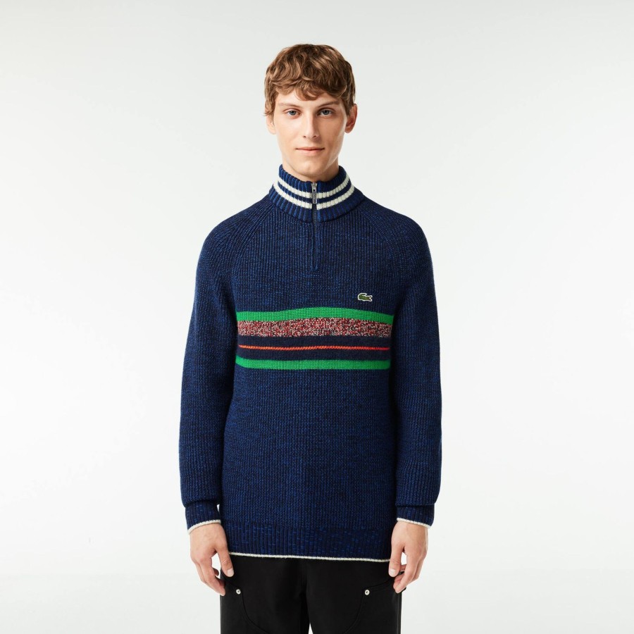 Men Lacoste Knitwear | French Made High Neck Wool Sweater Navy Blue / Blue / White