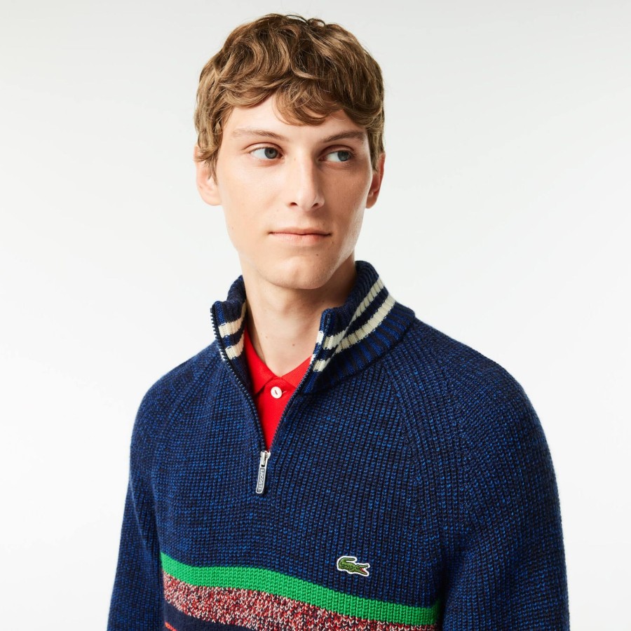 Men Lacoste Knitwear | French Made High Neck Wool Sweater Navy Blue / Blue / White