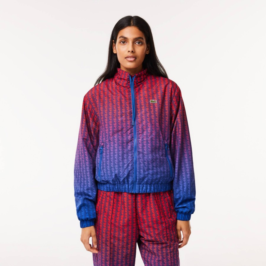 Women Lacoste Tracksuits | Short Zipped Monogram Print Ombre Sportsuit Jacket Red / Blue / Navy Blue Qji