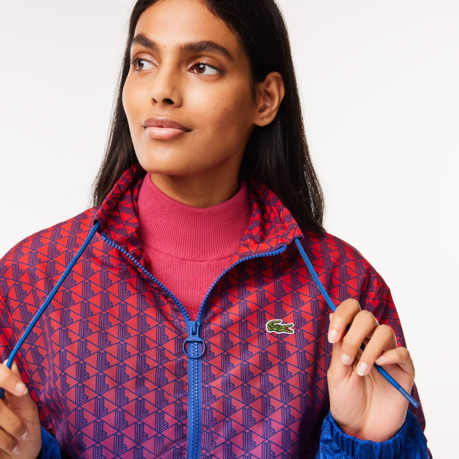 Women Lacoste Tracksuits | Short Zipped Monogram Print Ombre Sportsuit Jacket Red / Blue / Navy Blue Qji