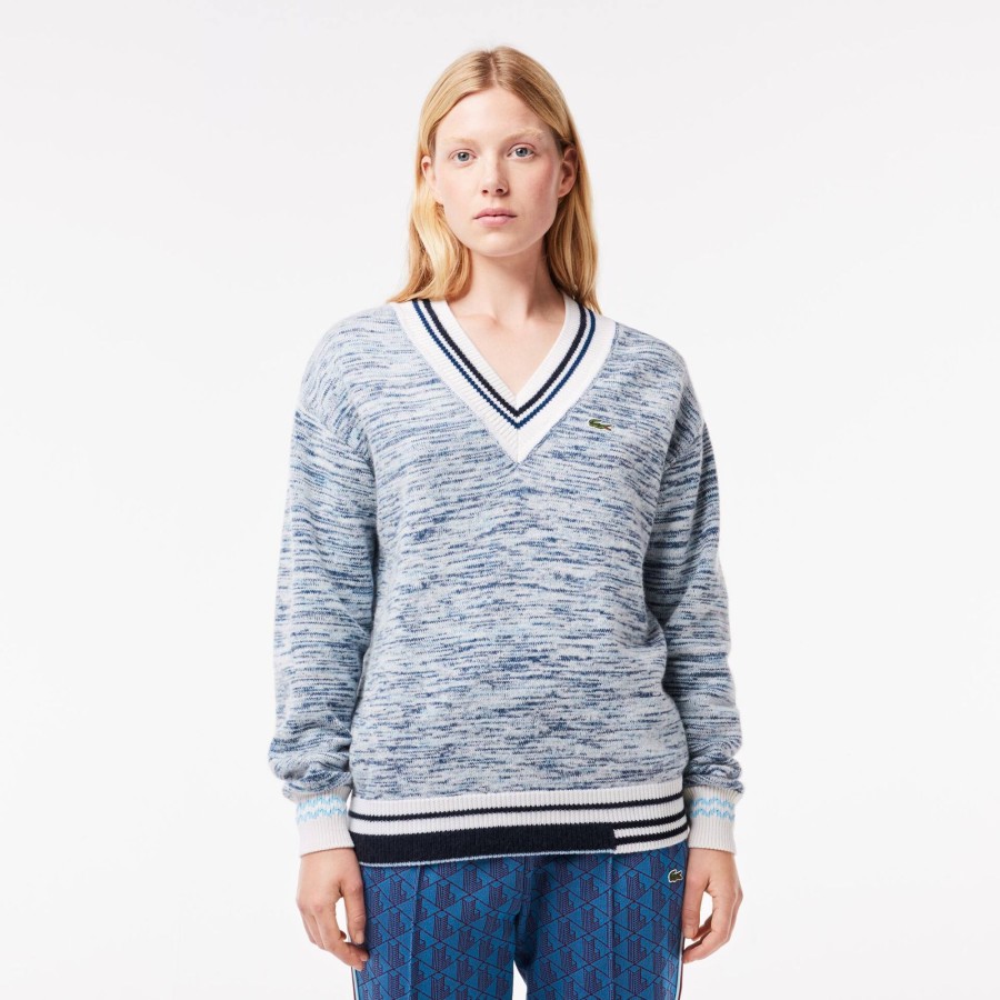 Women Lacoste Knitwear | Contrast Stripe V Neck Alpaga Sweater White / Navy Blue / Blue Lxi