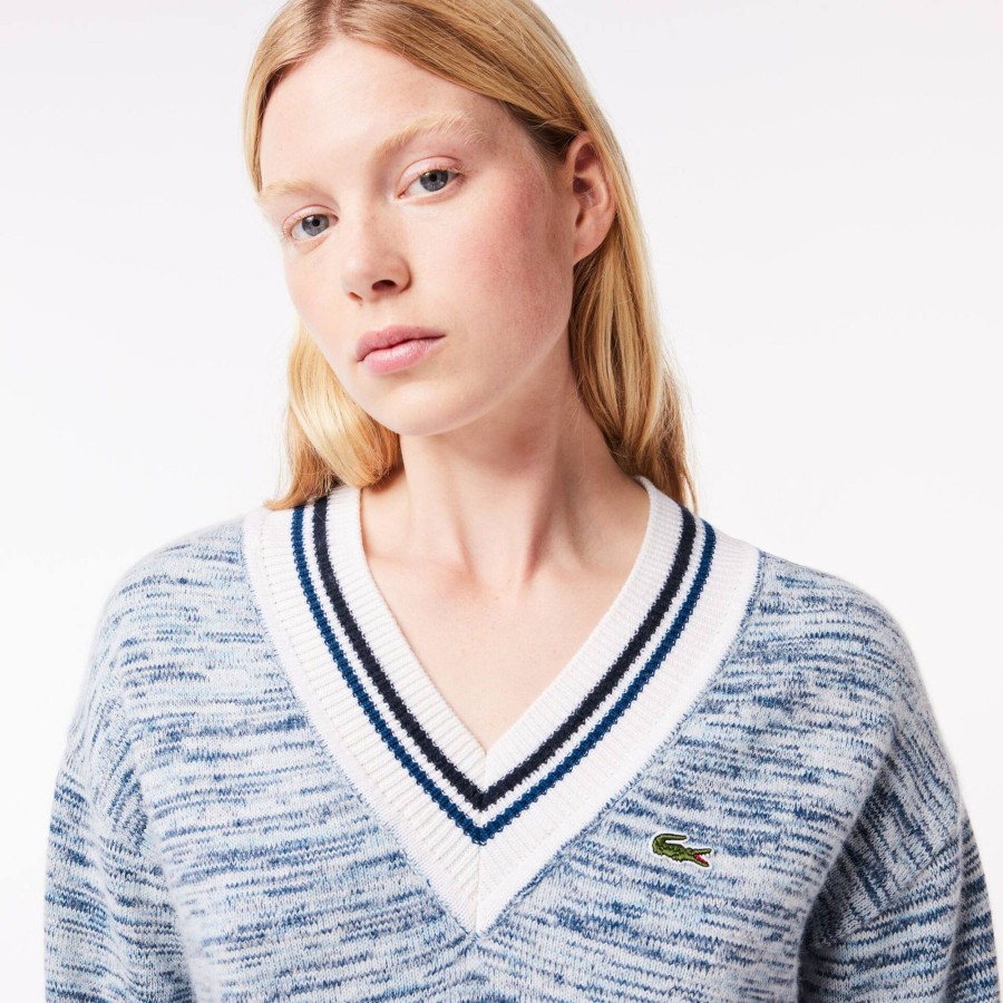 Women Lacoste Knitwear | Contrast Stripe V Neck Alpaga Sweater White / Navy Blue / Blue Lxi