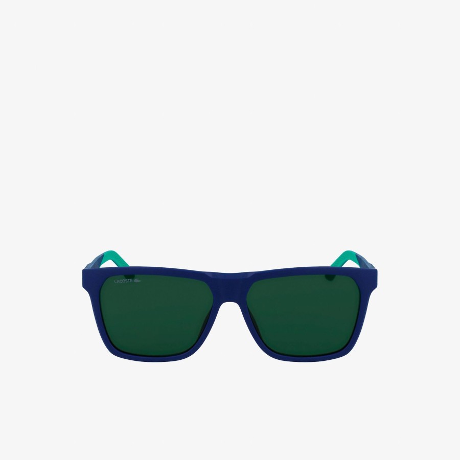 Men Lacoste Sunglasses | Men'S Rectangle Plastic Rubber Croc Sunglasses Matte Blue