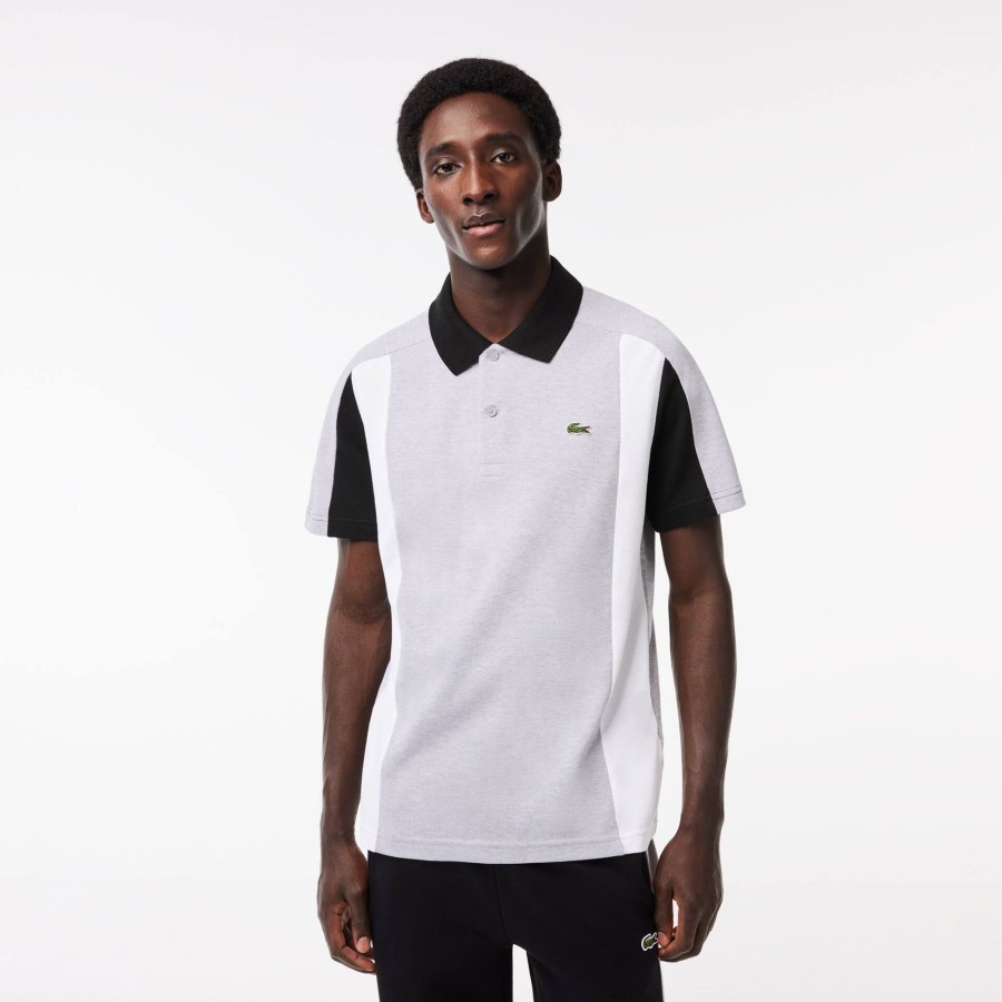 Men Lacoste Polo Shirts | Cotton Pique Colourblock Polo Shirt Grey Chine / Black / White