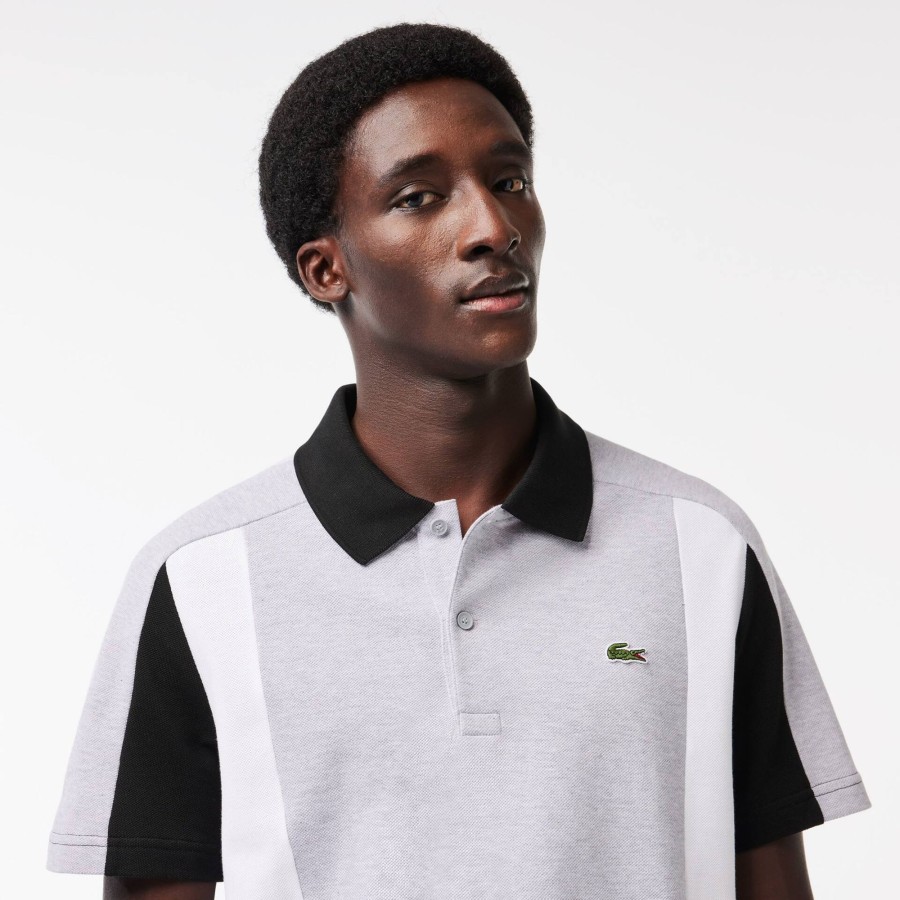 Men Lacoste Polo Shirts | Cotton Pique Colourblock Polo Shirt Grey Chine / Black / White