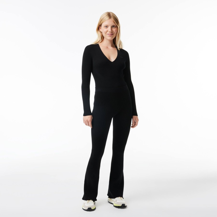 Women Lacoste Sport Clothing | Seamless Ribbed Knit Flared Leggings Black 031