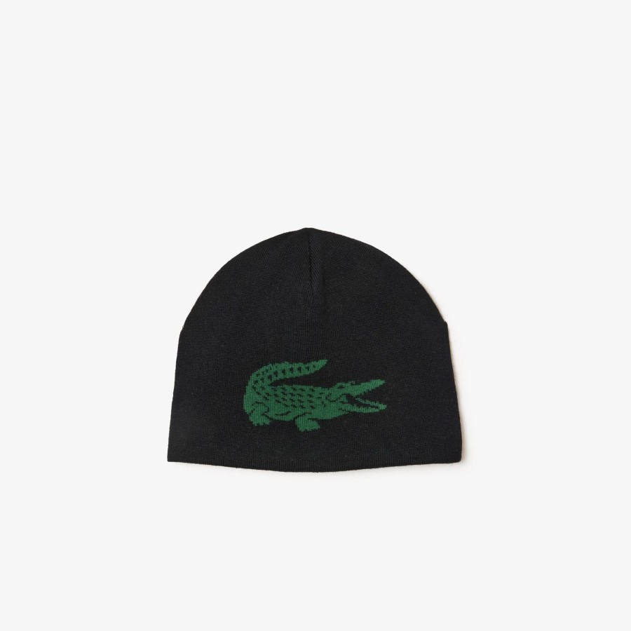 Women Lacoste Beanies | Unisex Lacoste Contrast Crocodile Reversible Beanie Black / Green 964