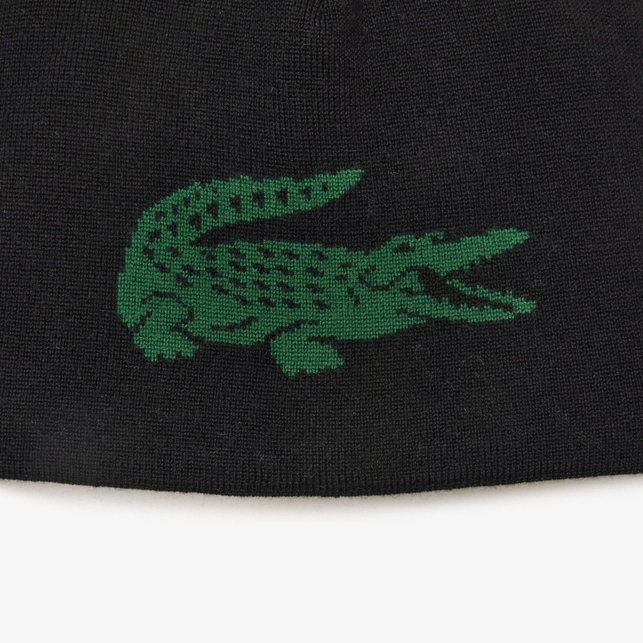 Women Lacoste Beanies | Unisex Lacoste Contrast Crocodile Reversible Beanie Black / Green 964