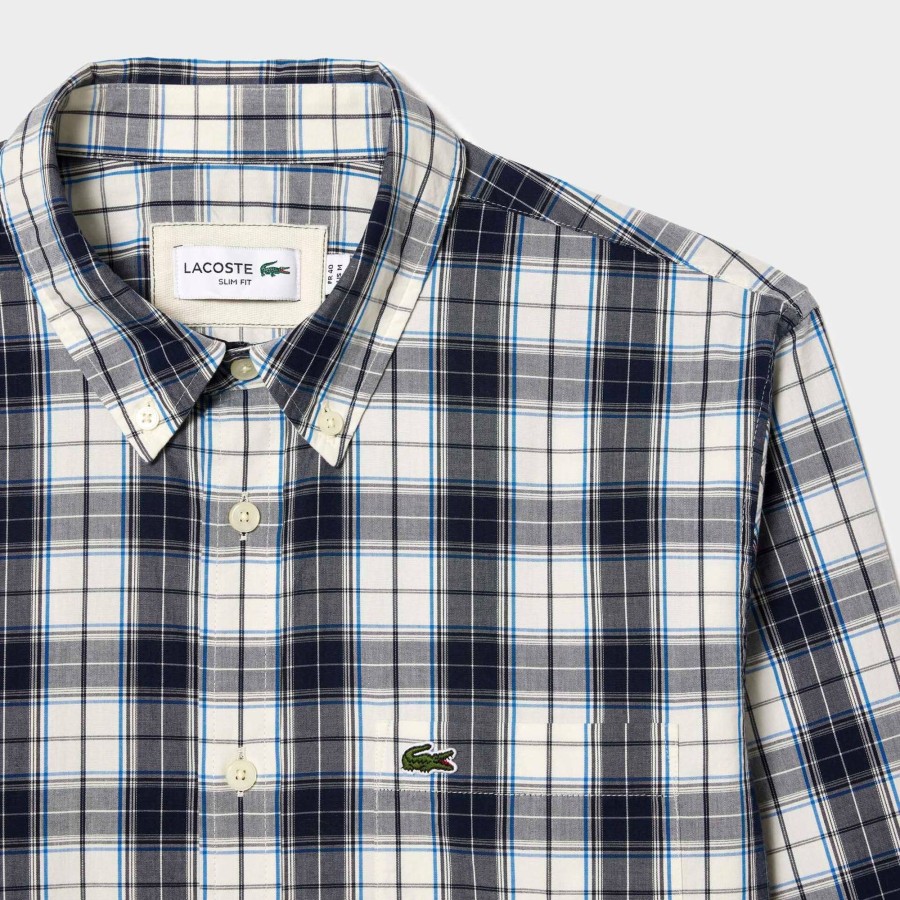 Men Lacoste Shirts | Check Print Stretch Shirt White / Navy Blue