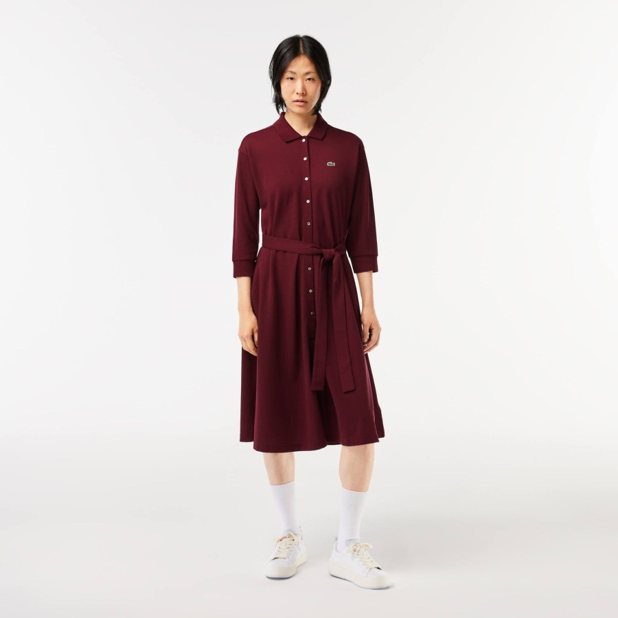 Women Lacoste Dresses & Skirts | 3/4 Sleeve Cotton Pique Polo Dress Bordeaux Yup