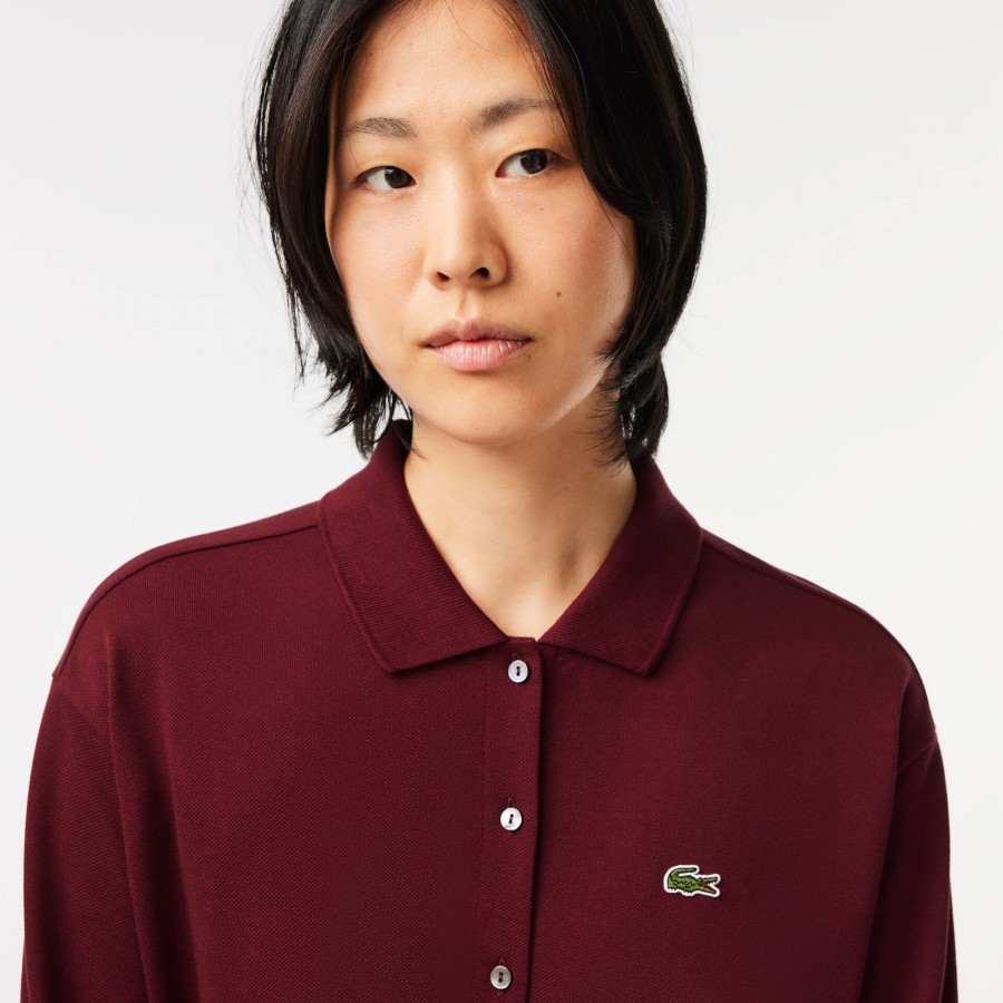 Women Lacoste Dresses & Skirts | 3/4 Sleeve Cotton Pique Polo Dress Bordeaux Yup