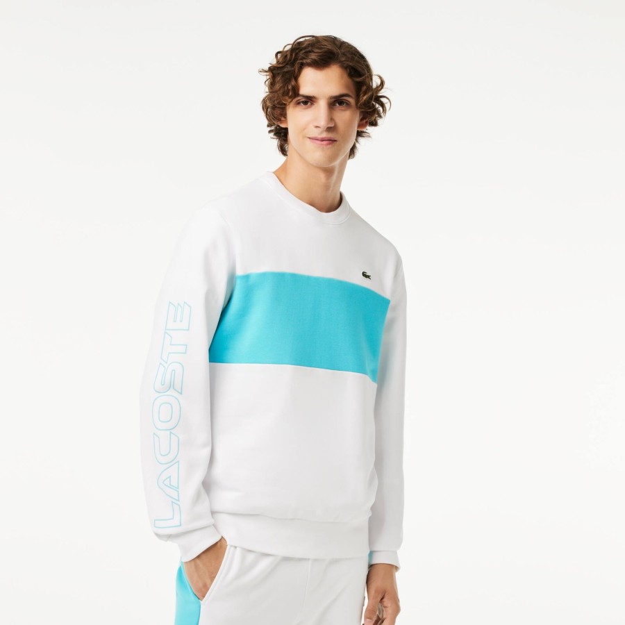 Men Lacoste Sweatshirts | Classic Fit 3D Print Colourblock Jogger Sweatshirt White / Blue