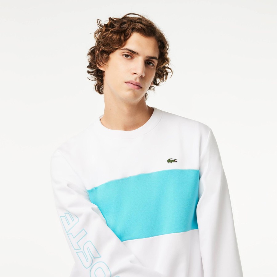 Men Lacoste Sweatshirts | Classic Fit 3D Print Colourblock Jogger Sweatshirt White / Blue