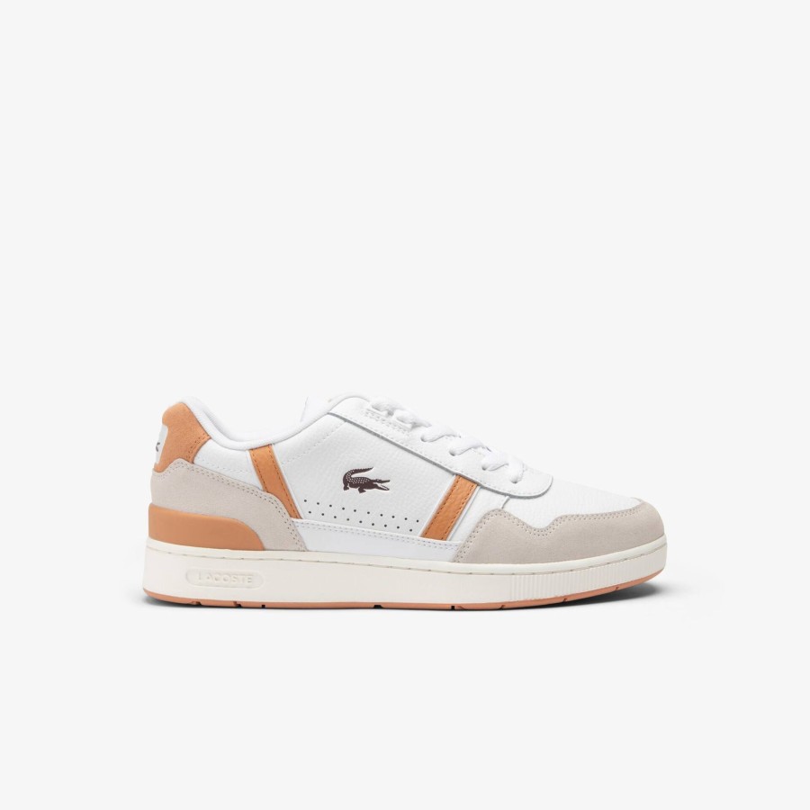 Men Lacoste Sneakers | Men'S T-Clip Contrasted Leather Trainers White / Light Brown