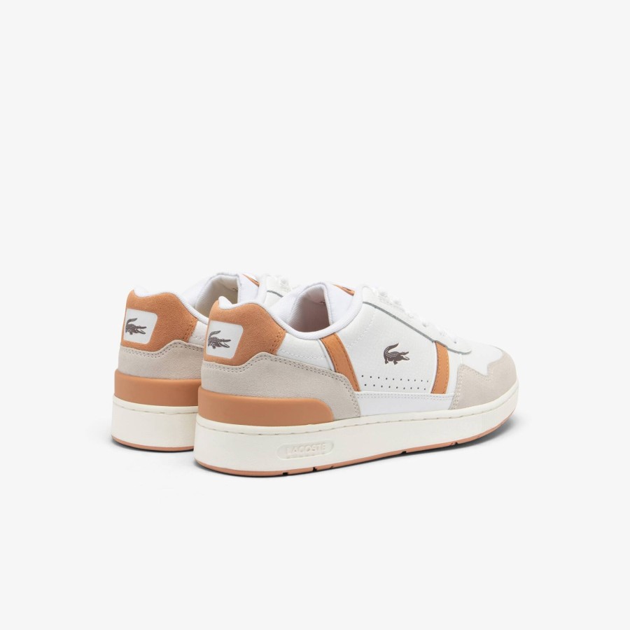 Men Lacoste Sneakers | Men'S T-Clip Contrasted Leather Trainers White / Light Brown