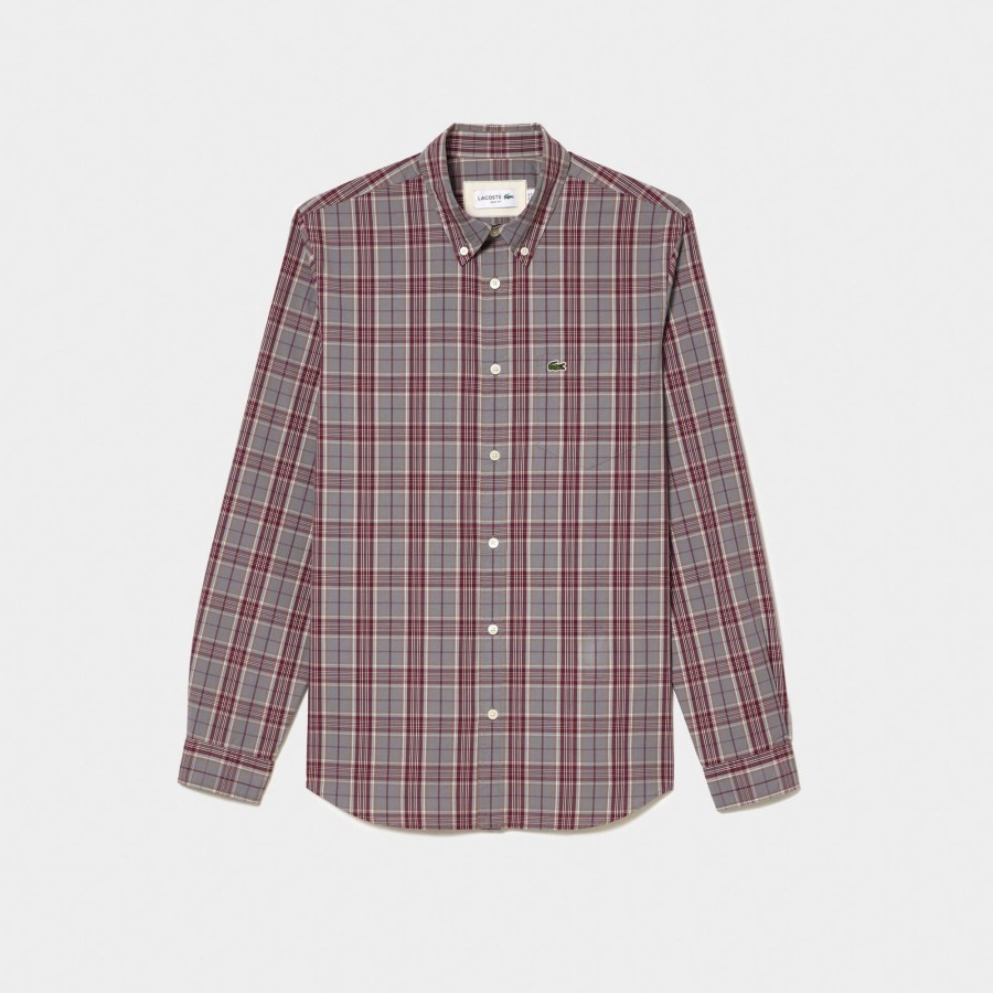 Men Lacoste Shirts | Check Print Stretch Shirt Grey / Bordeaux