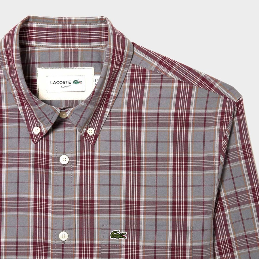 Men Lacoste Shirts | Check Print Stretch Shirt Grey / Bordeaux