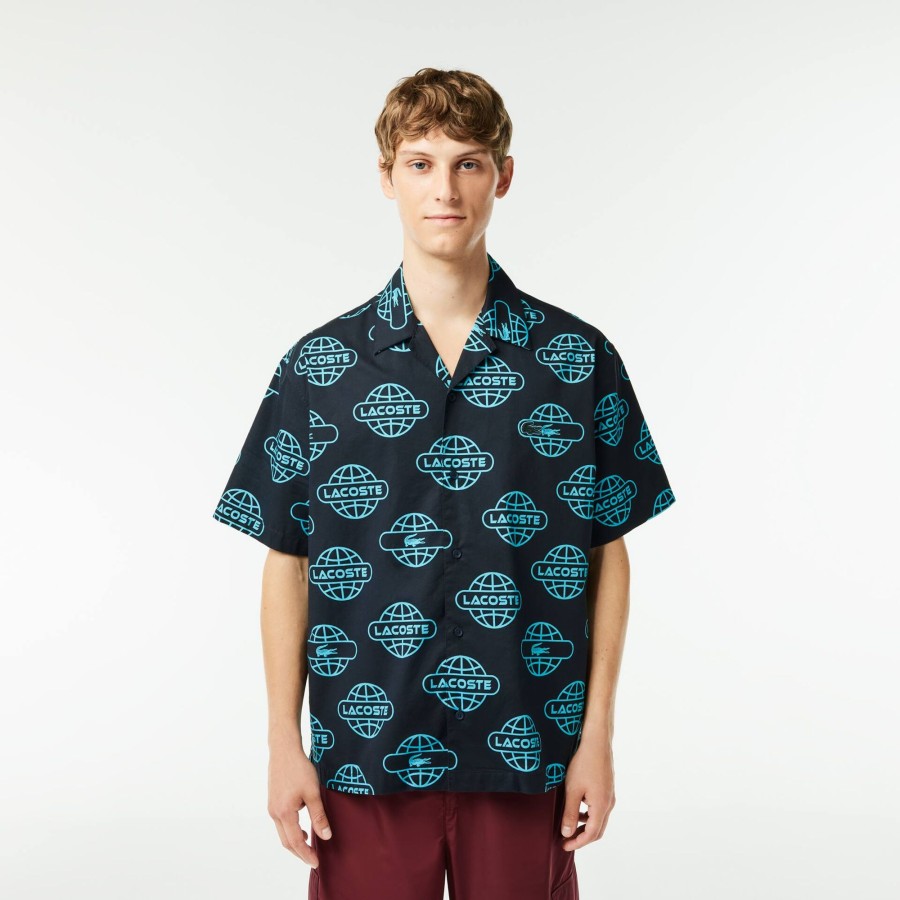 Men Lacoste Shirts | Globe Print Lacoste Cotton Twill Shirt Black / Blue