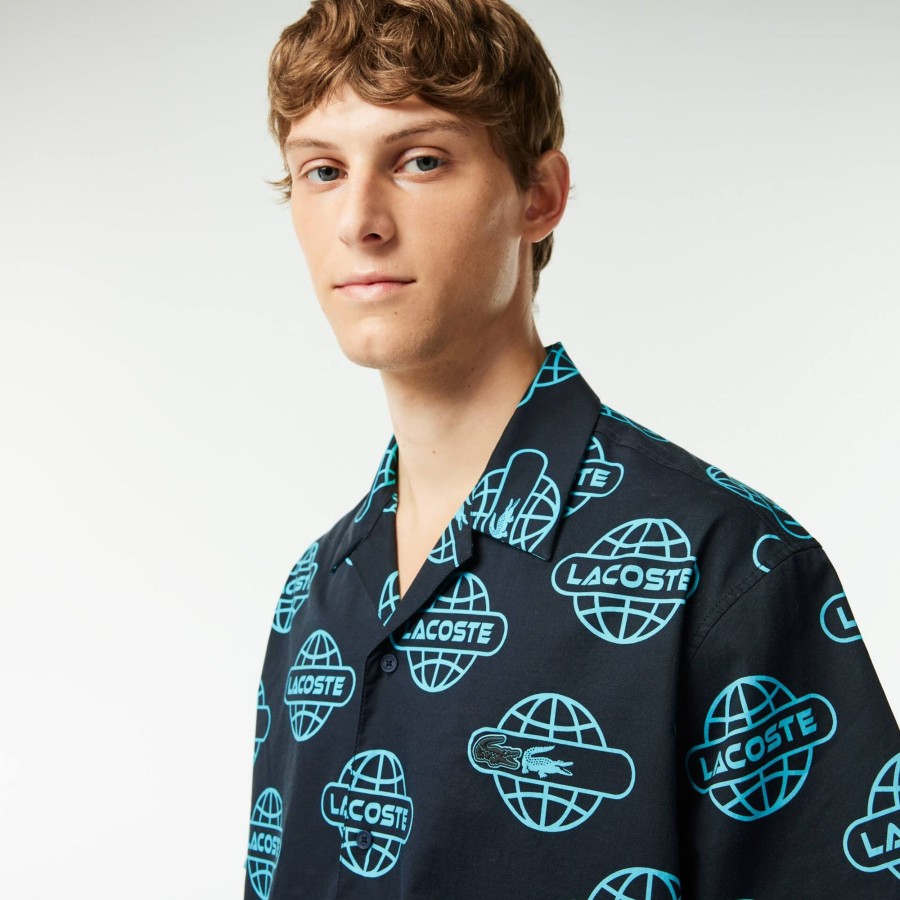 Men Lacoste Shirts | Globe Print Lacoste Cotton Twill Shirt Black / Blue