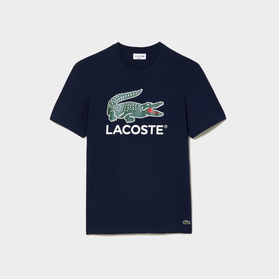 Men Lacoste T-Shirts | Cotton Jersey Signature Print T-Shirt Navy Blue