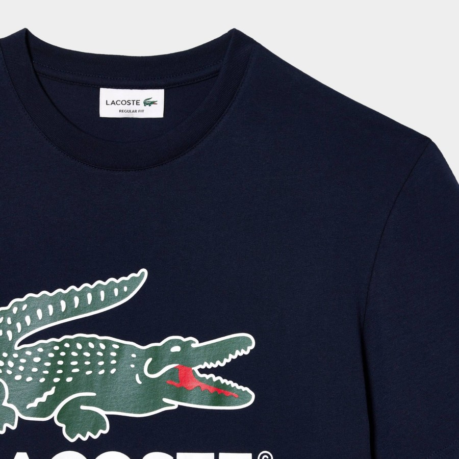 Men Lacoste T-Shirts | Cotton Jersey Signature Print T-Shirt Navy Blue