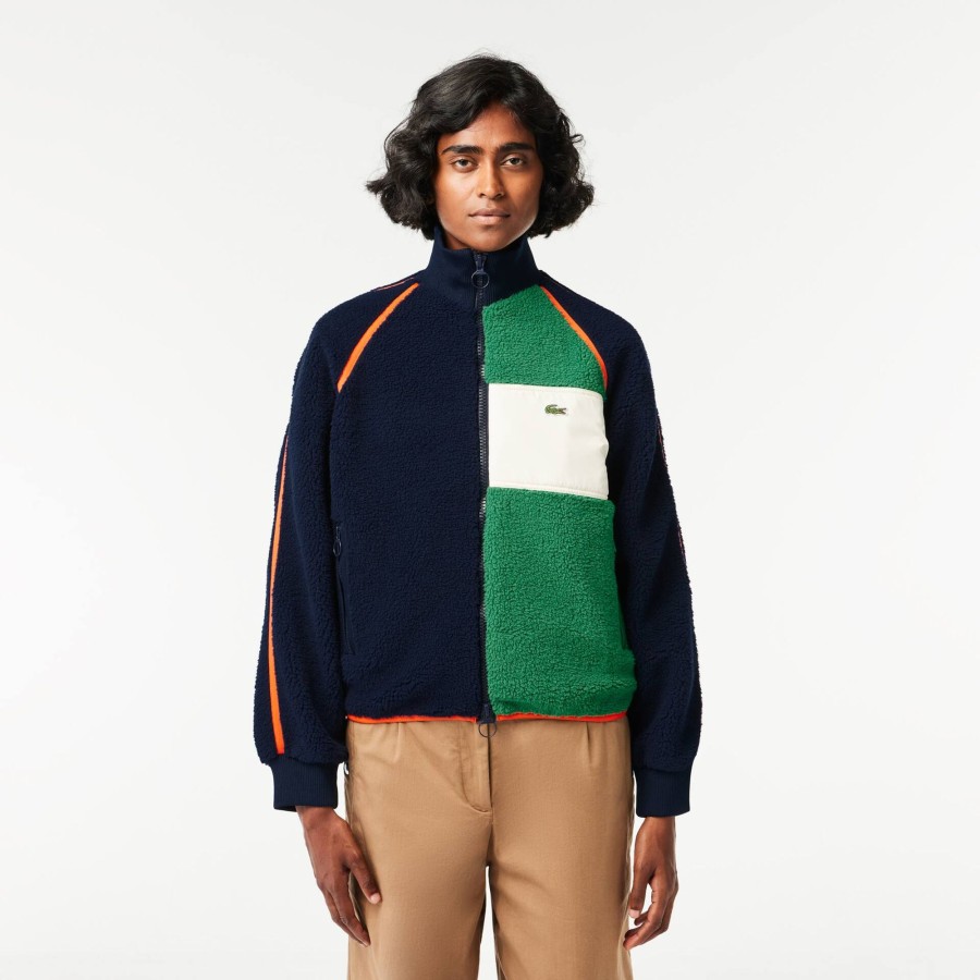 Women Lacoste Jackets & Coats | Contrast Accent Fleece Sweatshirt Navy Blue / Green / White / Orange Pqi