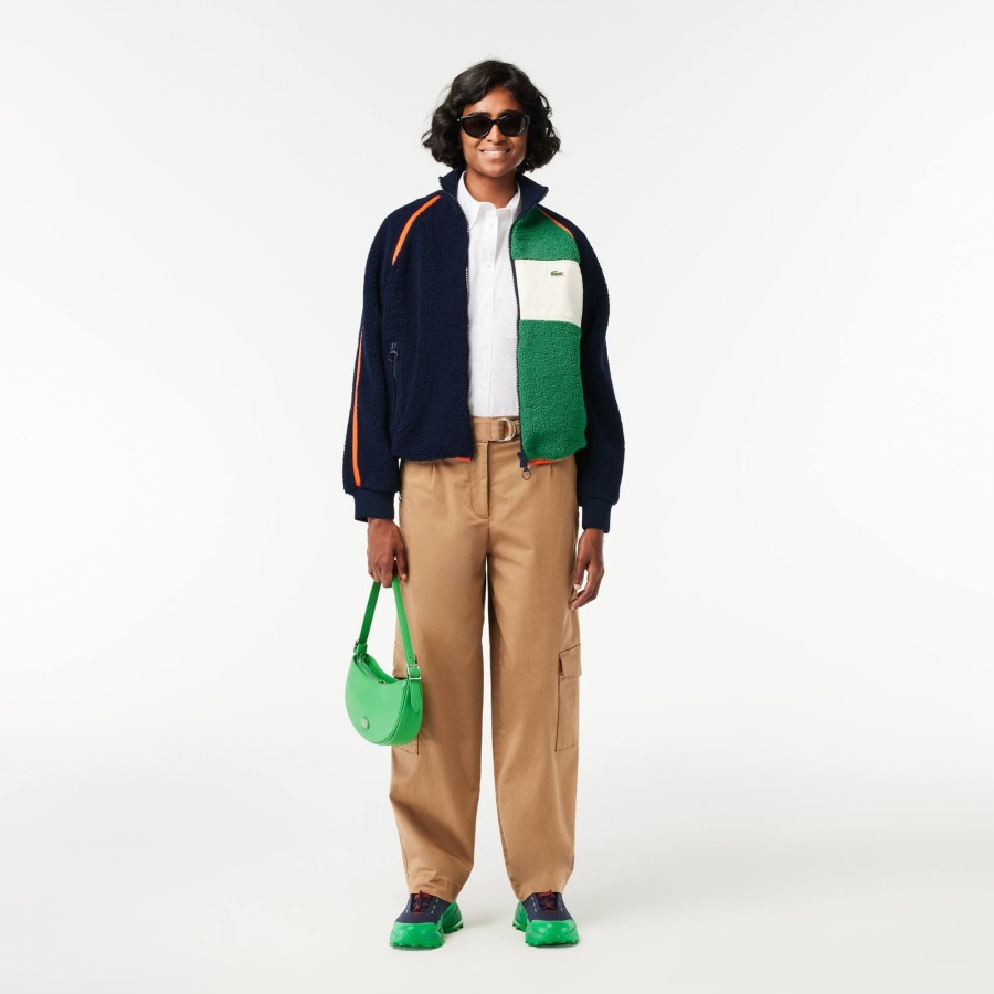 Women Lacoste Jackets & Coats | Contrast Accent Fleece Sweatshirt Navy Blue / Green / White / Orange Pqi