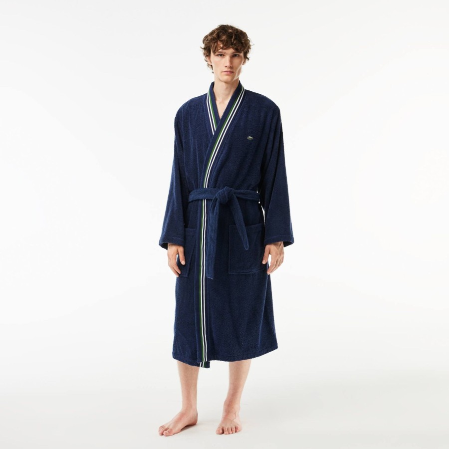 Men Lacoste Home Textile | Long Tricolor Ribbon L Club Cotton Kimono Bathrobe Navy