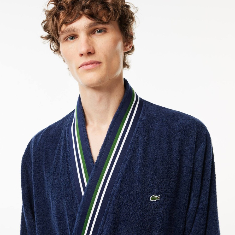 Men Lacoste Home Textile | Long Tricolor Ribbon L Club Cotton Kimono Bathrobe Navy