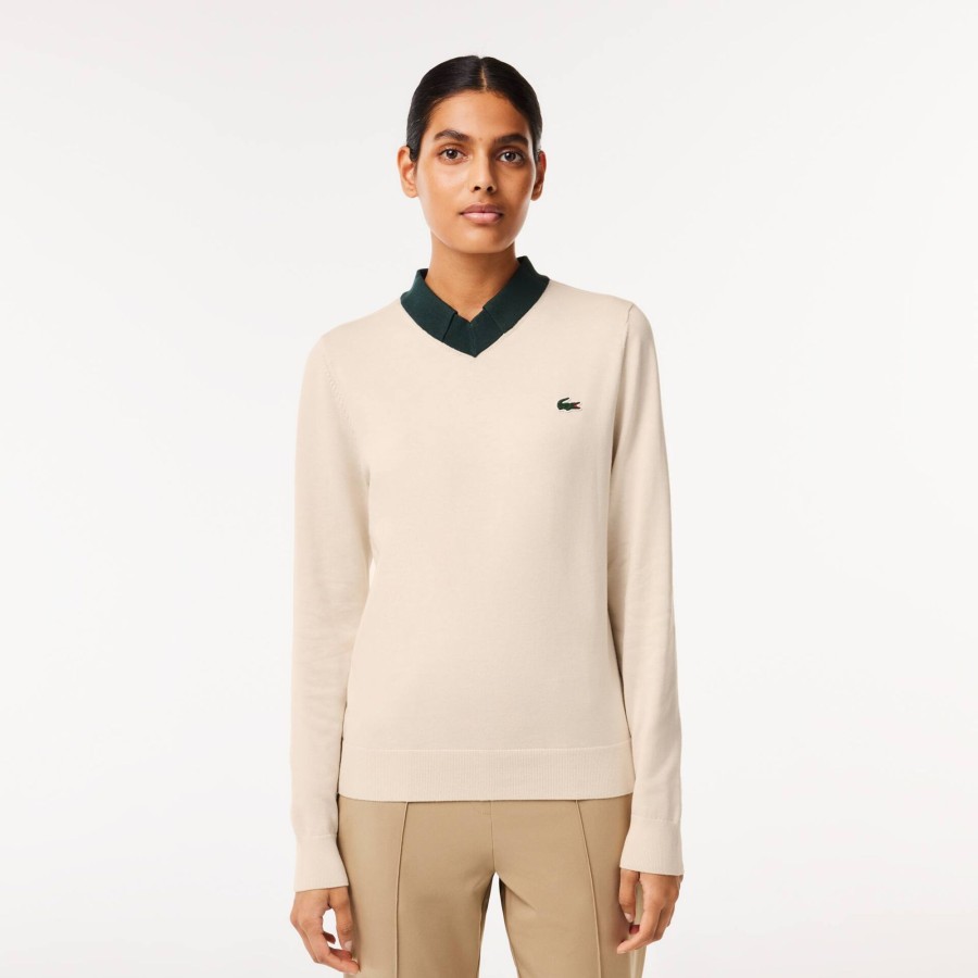 Women Lacoste Golf | Cotton Pima Golf Sweater White / Green Pib