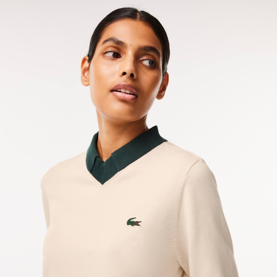 Women Lacoste Golf | Cotton Pima Golf Sweater White / Green Pib