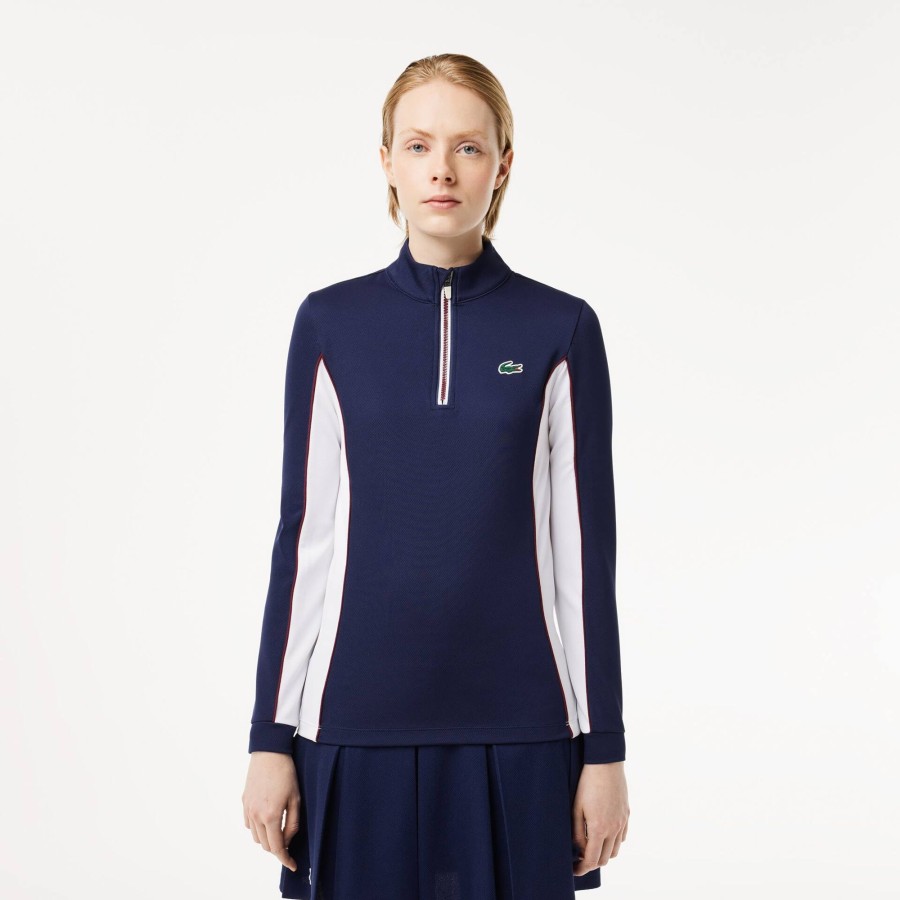 Women Lacoste Tennis | Slim Fit Contrast Sleeve Sport Sweatshirt Navy Blue / White H6B