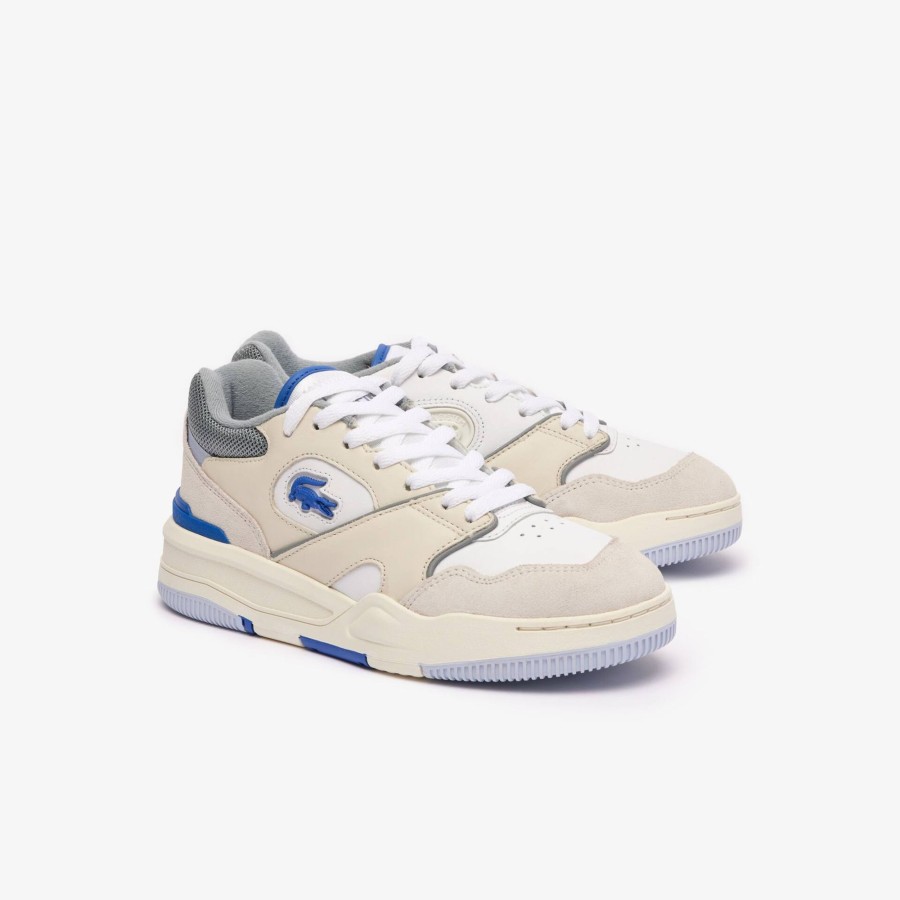 Women Lacoste Sneakers | Men'S Lineset Contrasted Collar Leather Trainers White & Light Blue 1T3