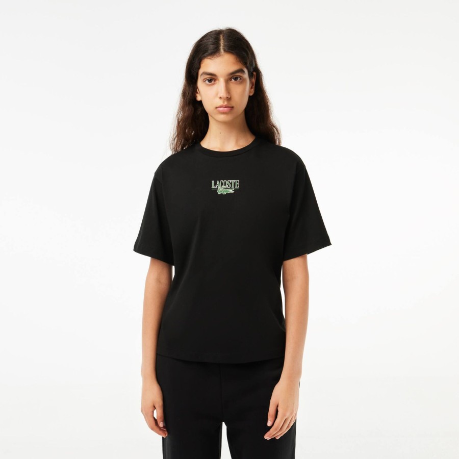 Women Lacoste T-Shirts | Lacoste Print Cotton Jersey T-Shirt Black 031