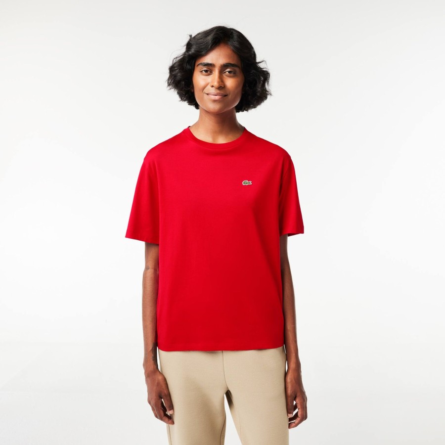 Women Lacoste T-Shirts | Women'S Crew Neck Premium Cotton T-Shirt Red 240