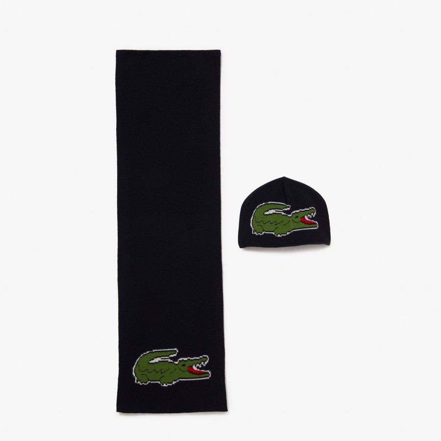 Women Lacoste Beanies | Large Croc Hat And Scarf Gift Set Navy Blue Hde