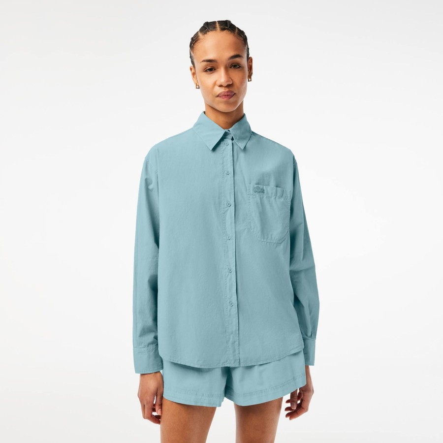 Women Lacoste Shirts & Tops | Women'S Lacoste Oversize Cotton Poplin Shirt Blue K98