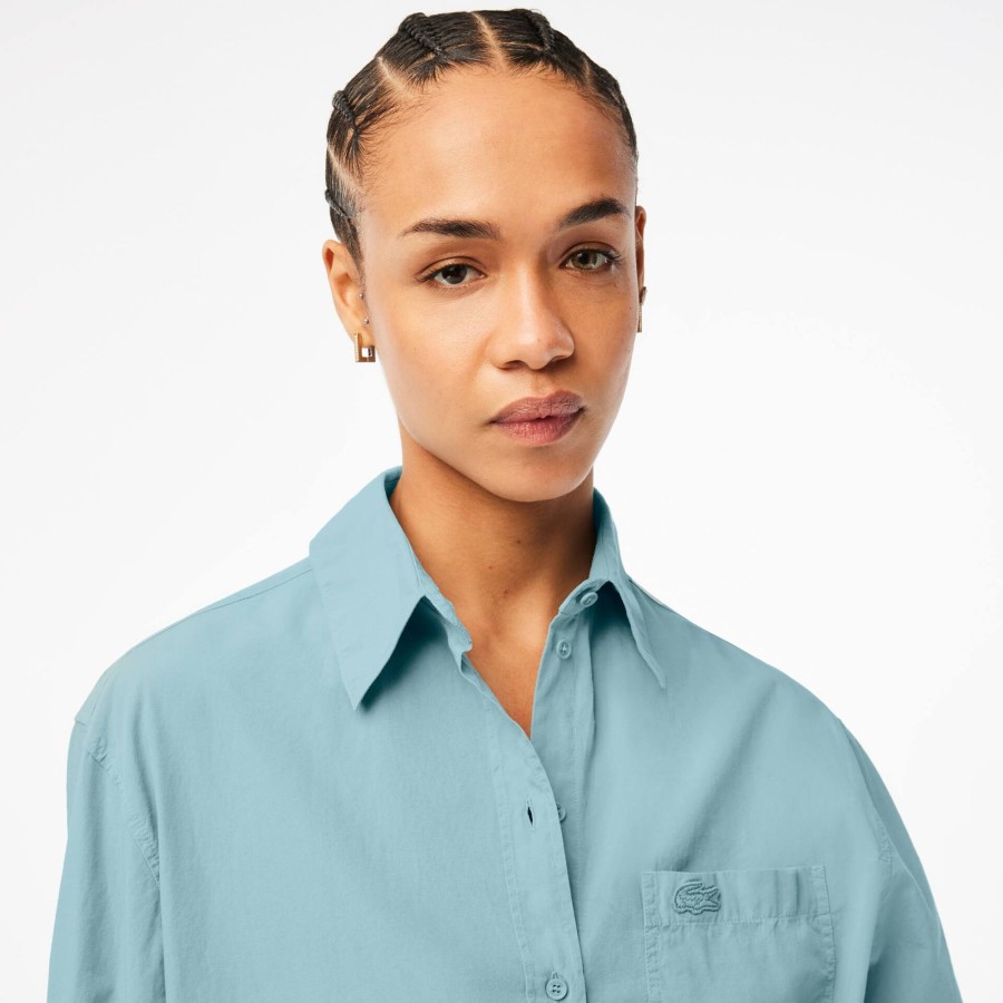 Women Lacoste Shirts & Tops | Women'S Lacoste Oversize Cotton Poplin Shirt Blue K98