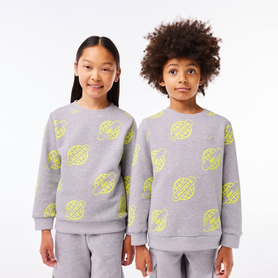 Kids Lacoste Girl Clothing | Contrast Print Sweatshirt Grey Chine / Flashy Yellow Hvc