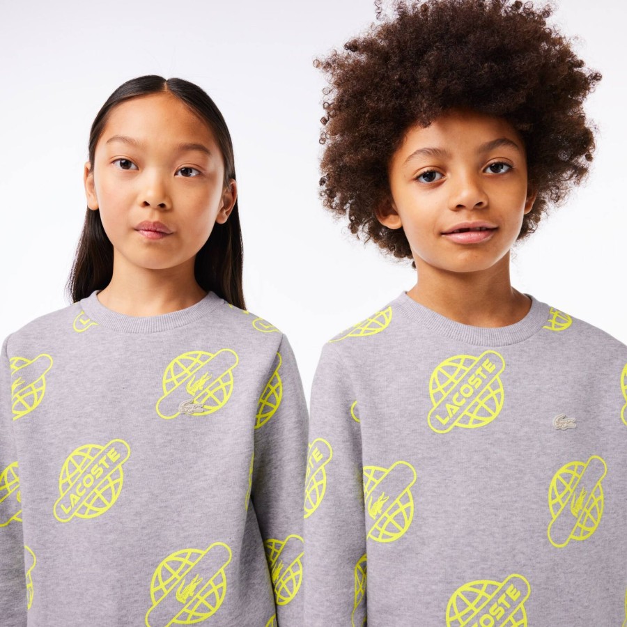 Kids Lacoste Girl Clothing | Contrast Print Sweatshirt Grey Chine / Flashy Yellow Hvc